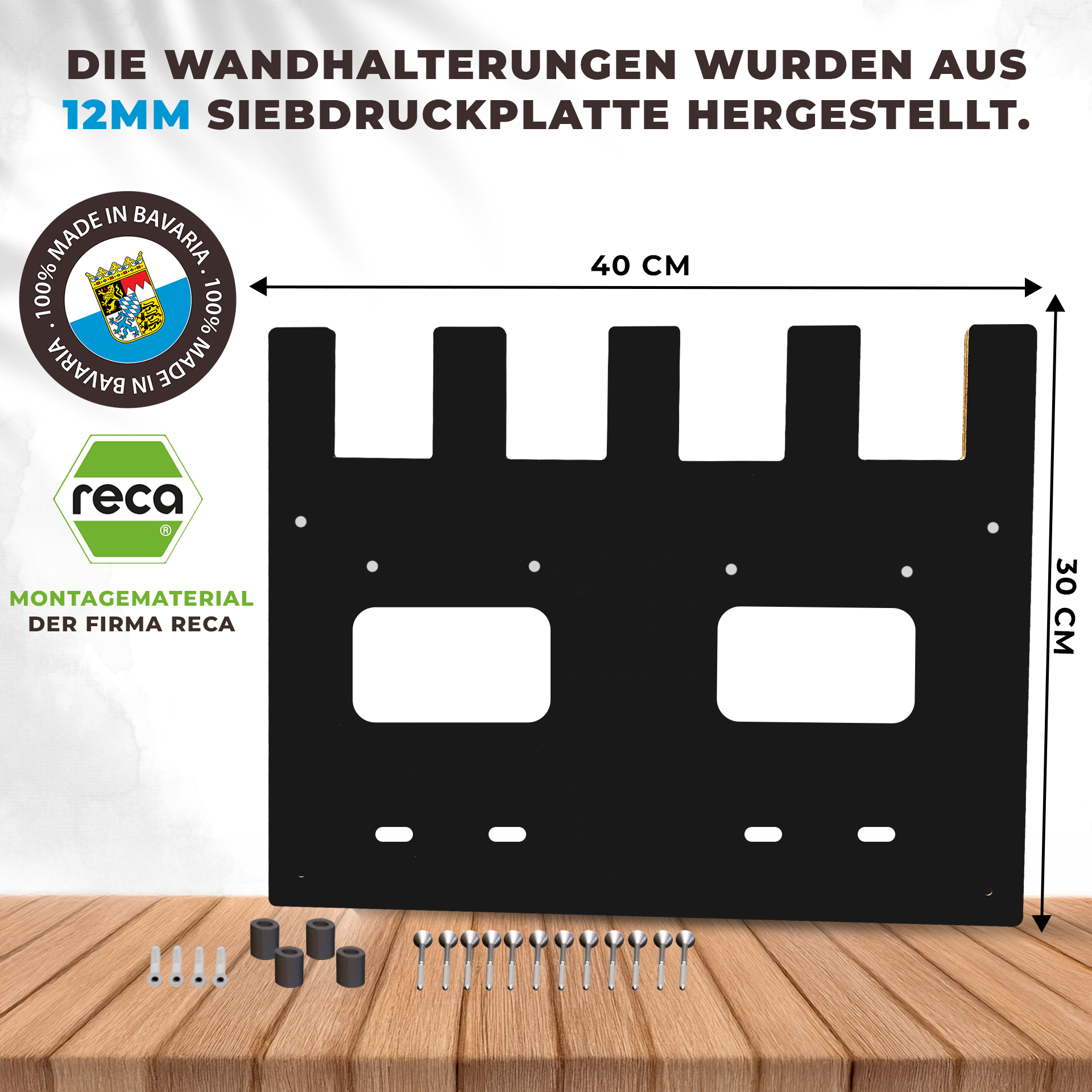 Detailansicht der Bosch Akku Wandhalterung aus CNC-gefrästem Holz