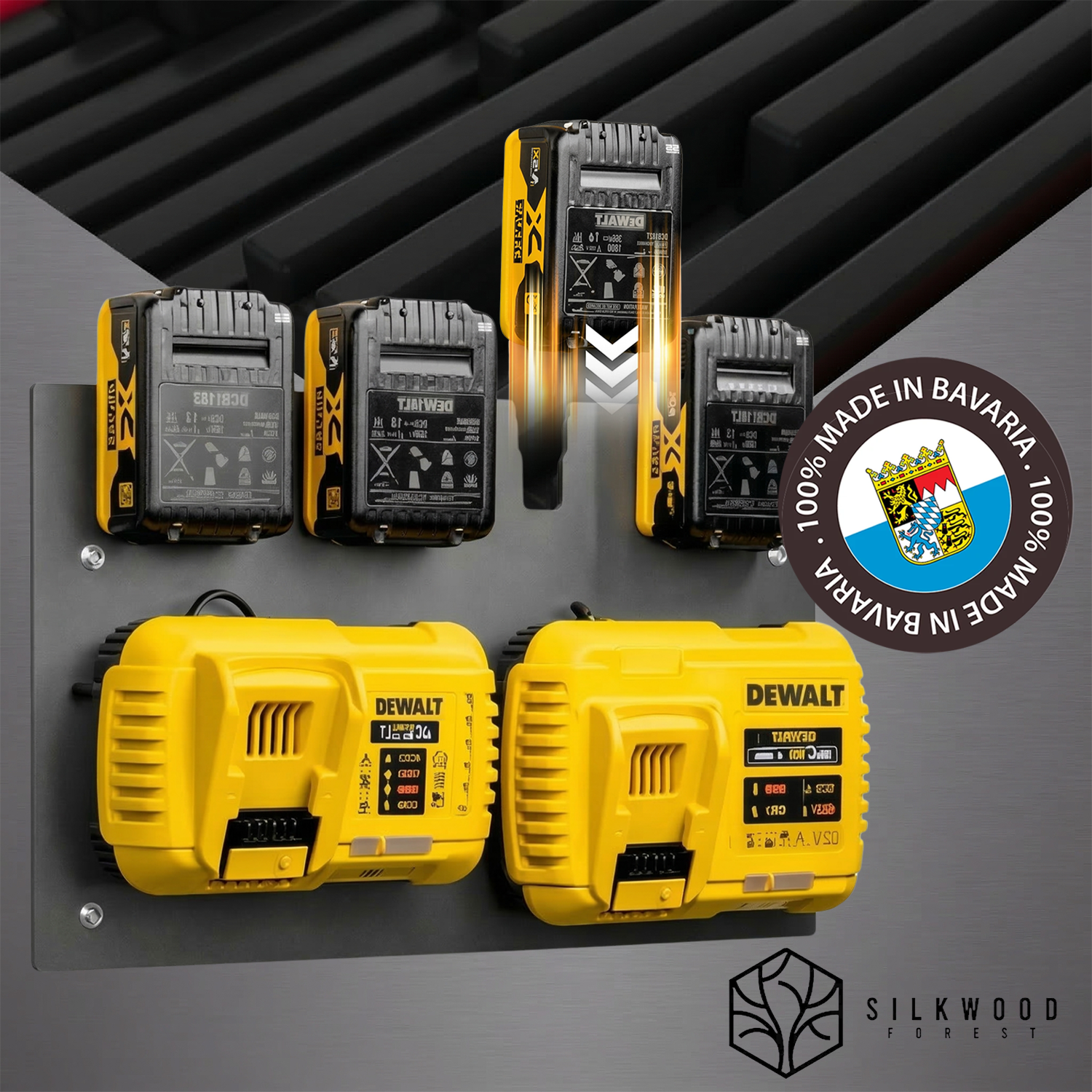 DEWALT 18V XR Akku Wandhalterung aus Holz für Akkus und Ladegeräte – Made in Bavaria